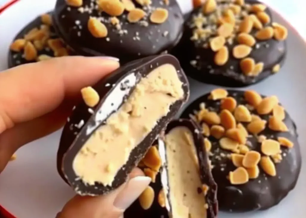 Finished chocolate peanut butter bites beautifully plated with sea salt and sprinkles on a white tray