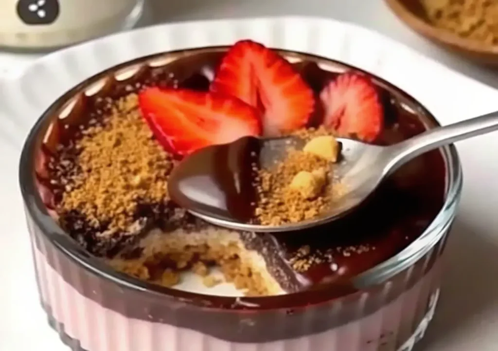 Creamy strawberry chocolate overnight oats with magic shell topping in jar